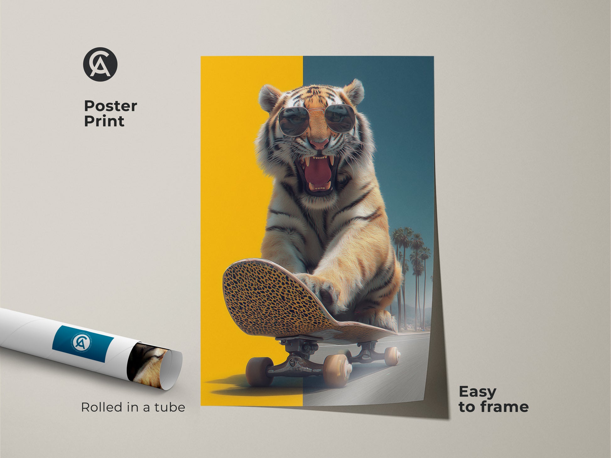 A poster print displays a surreal tiger on a skateboard. This pop art wildlife print is easy to frame. The artwork has a cool yellow and teal color scheme. The poster arrives rolled in a tube. It's a fun piece of eclectic home decor. It is a unique gift for animal and skater lovers.