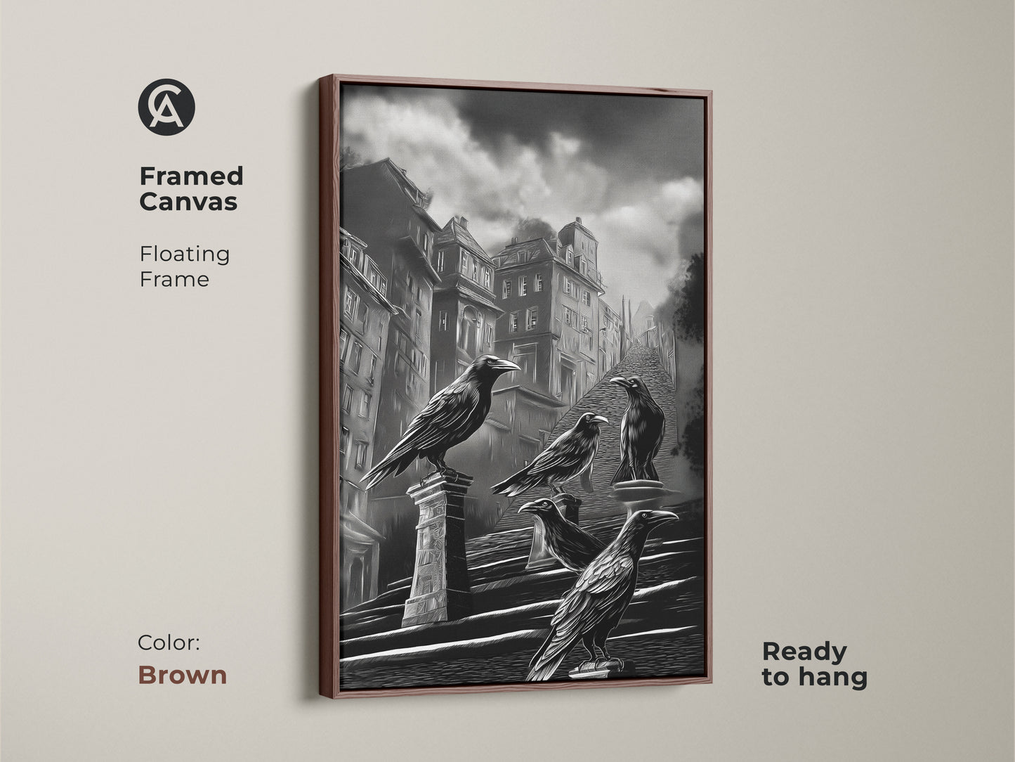 Framed canvas featuring gothic cityscape art. This dark academia crow wall art has black and white urban architecture. A gothic literature fan gift is ready to hang with a brown floating frame. The raven perched on building art evokes a moody gothic feel. A monochrome bird art print for vintage cityscape canvas lovers. Add gothic wall hanging art to your space.
