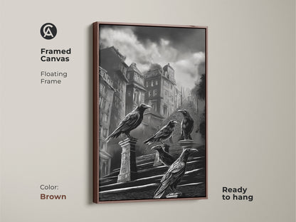 Framed canvas featuring gothic cityscape art. This dark academia crow wall art has black and white urban architecture. A gothic literature fan gift is ready to hang with a brown floating frame. The raven perched on building art evokes a moody gothic feel. A monochrome bird art print for vintage cityscape canvas lovers. Add gothic wall hanging art to your space.