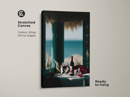 Stretched canvas art with a coastal wine theme. The gallery wrap has mirrored edges and is ready to hang. It's ideal for dining room or restaurant decor. This contemporary print features a wine bottle and glass. The seaside scene adds a touch of relaxed elegance.