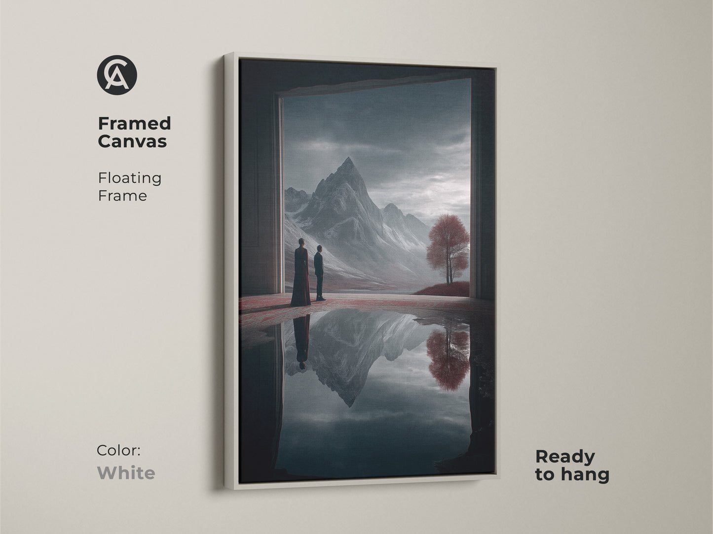 Framed canvas art of a surreal mountain landscape with a floating white frame. This ready-to-hang fantasy art features two figures contemplating a crimson tree and a deep blue mountain reflection enhancing any eclectic space.