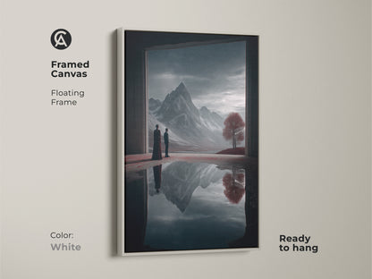 Framed canvas art of a surreal mountain landscape with a floating white frame. This ready-to-hang fantasy art features two figures contemplating a crimson tree and a deep blue mountain reflection enhancing any eclectic space.