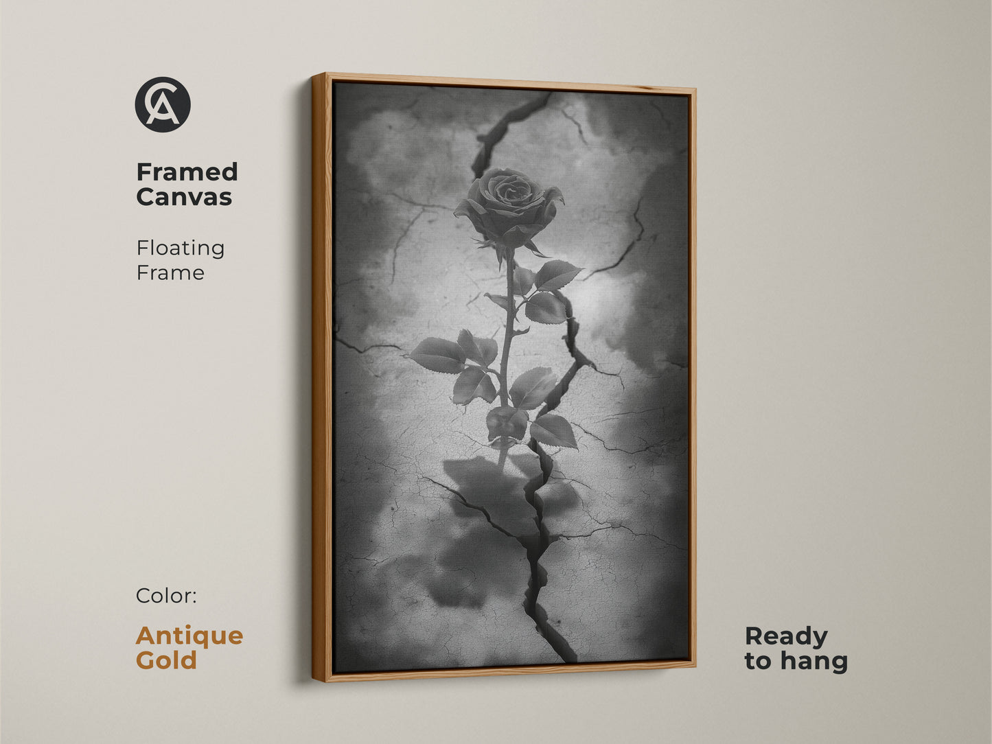 Antique gold framed canvas featuring gothic rose artwork. The floating frame accentuates dark floral artwork with a rose from cracked earth. This surreal botanical art uses black white and gray tones. Ready to hang this piece enhances gothic decor. It's symbolic rose art for eclectic home decor.