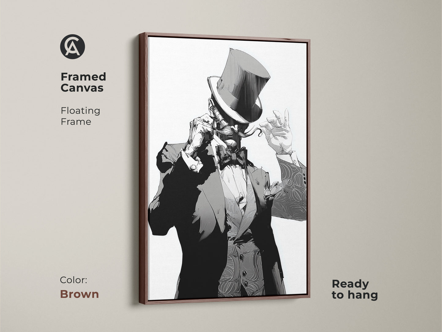 Art Deco gentleman framed canvas with a floating frame in brown. This black and white portrait art is ready to hang. The top hat character print is perfect for eclectic home office decor. Add gothic style wall art to your bachelor pad. This monochrome character painting looks great.