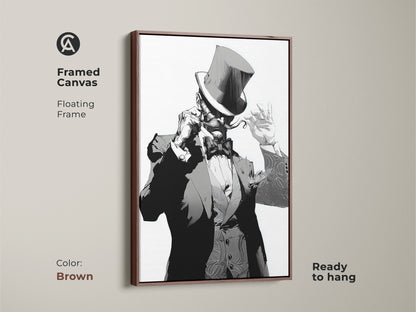 Art Deco gentleman framed canvas with a floating frame in brown. This black and white portrait art is ready to hang. The top hat character print is perfect for eclectic home office decor. Add gothic style wall art to your bachelor pad. This monochrome character painting looks great.