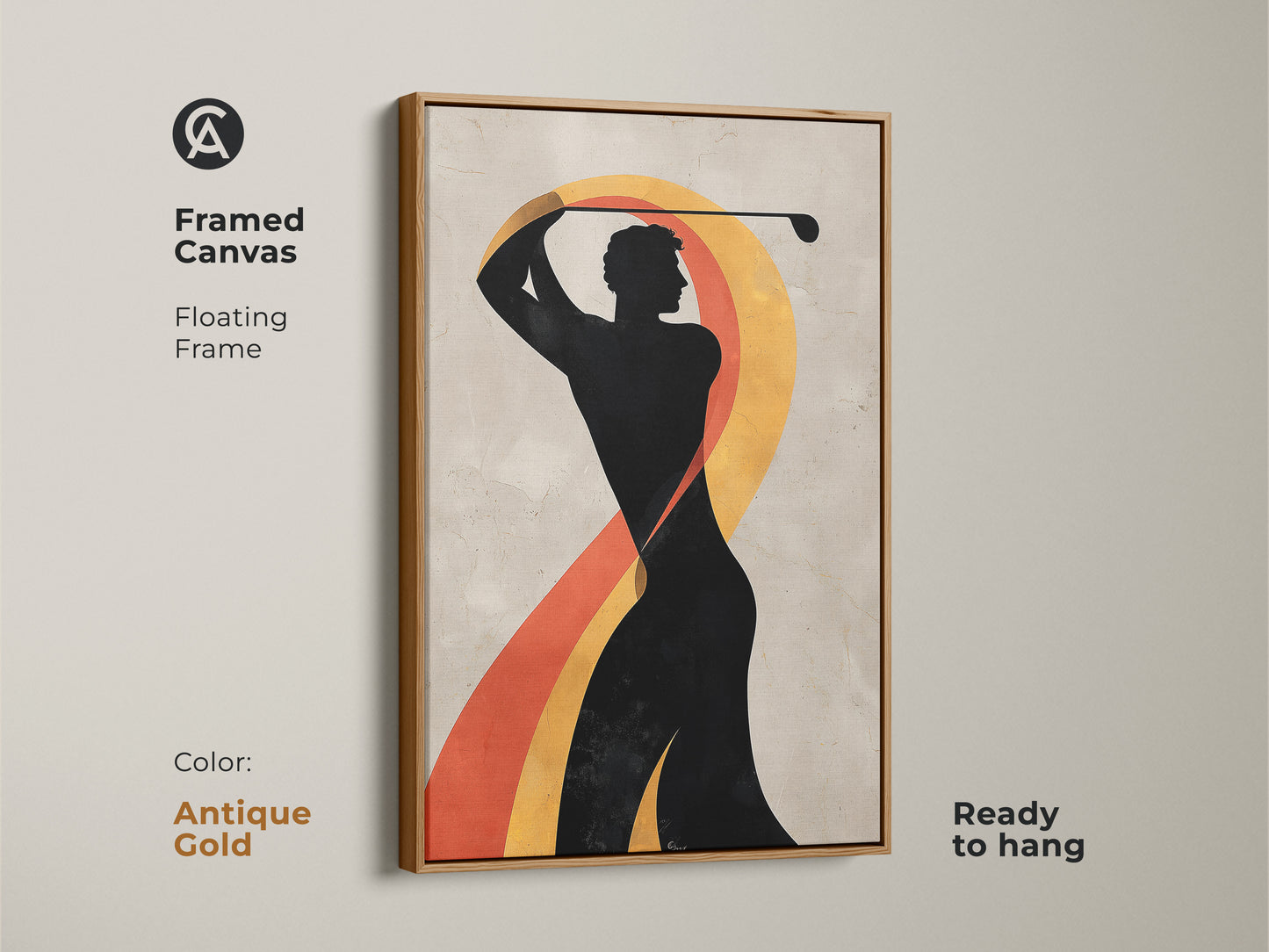 Framed antique gold canvas art of abstract golfer. Figurative abstract sports print. Golf enthusiast wall hanging. This artwork blends figurative art with abstract elements.