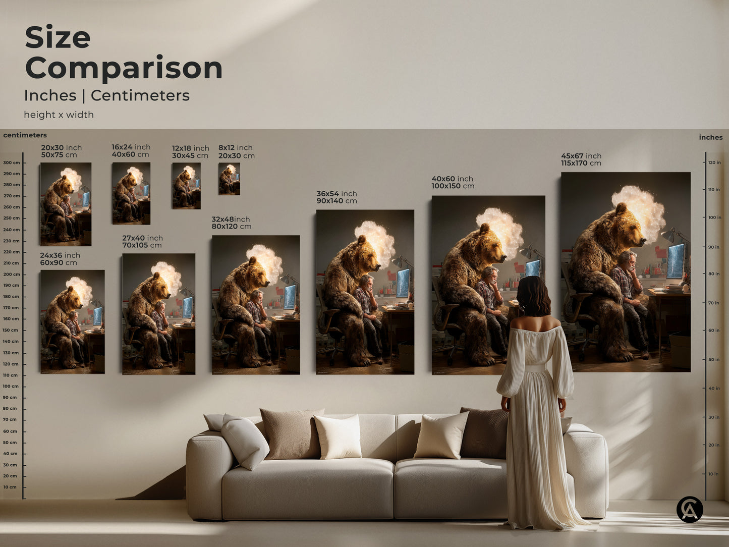 Size comparison in inches and centimeters. This showcases the conceptual bear man artwork in various dimensions. This art fits perfectly above a sofa. Perfect wall art for any office or modern home.