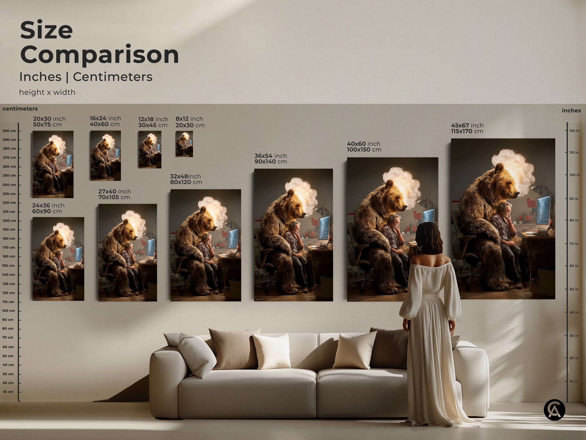 Size comparison in inches and centimeters. This showcases the conceptual bear man artwork in various dimensions. This art fits perfectly above a sofa. Perfect wall art for any office or modern home.