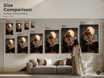 Size comparison in inches and centimeters. This showcases the conceptual bear man artwork in various dimensions. This art fits perfectly above a sofa. Perfect wall art for any office or modern home.