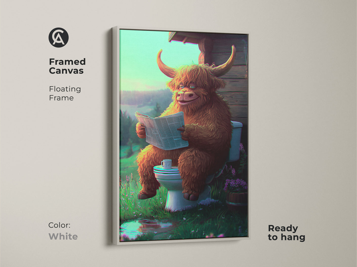 This white framed canvas presents a whimsical Highland cow on a toilet reading news. This animal art is ready to hang. The floating frame enhances any room. It is a funny eclectic piece for modern spaces.
