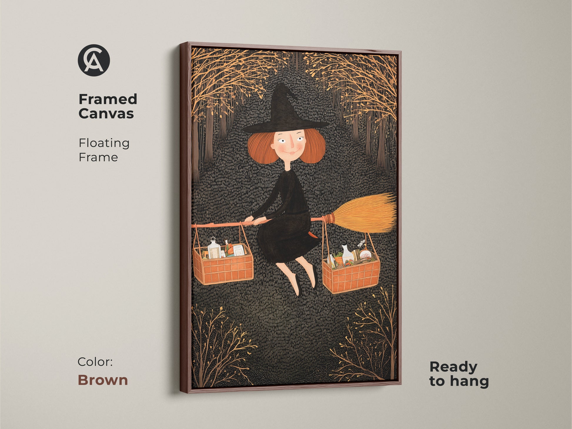Framed canvas displays a folklore witch print. The brown frame complements the whimsical artwork. Perfect fantasy creature art for a seasonal touch. Features a playful witch with baskets. An enchanting addition to any child's room ready to hang