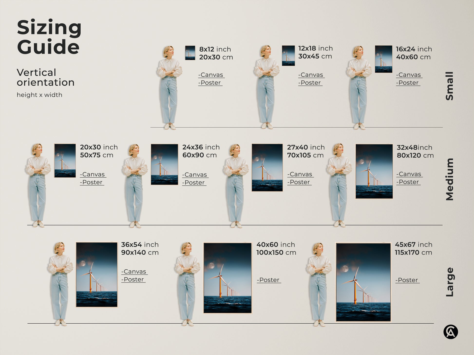 Sizing Guide for Moonlit Ocean Wind Turbine Art. Vertical orientation canvas and poster prints are available in sizes from 8x12 to 45x67 inches. A modern minimalist seascape featuring offshore wind turbines under a moonlit sky for any space.