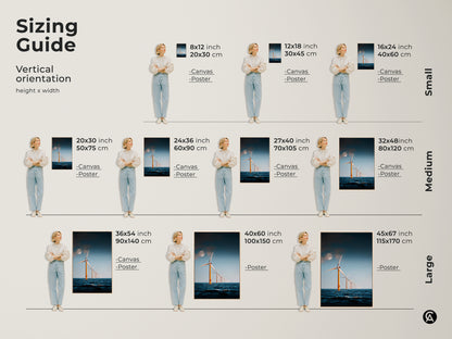 Sizing Guide for Moonlit Ocean Wind Turbine Art. Vertical orientation canvas and poster prints are available in sizes from 8x12 to 45x67 inches. A modern minimalist seascape featuring offshore wind turbines under a moonlit sky for any space.