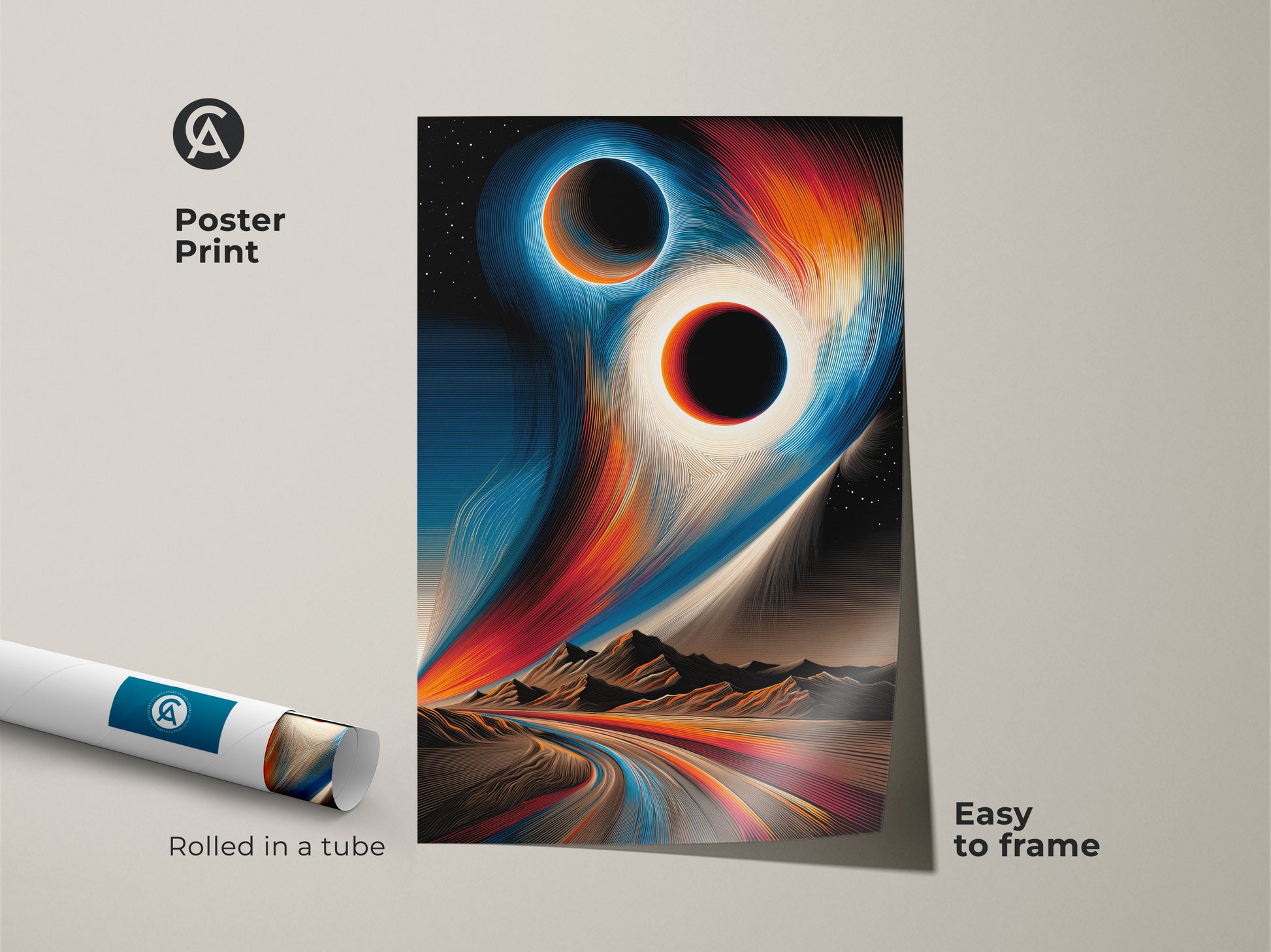 Poster print of abstract space art. A black hole canvas print is rolled in a tube. Easy to frame celestial eclipse wall art. Ideal modern abstract artwork for contemporary office decor.