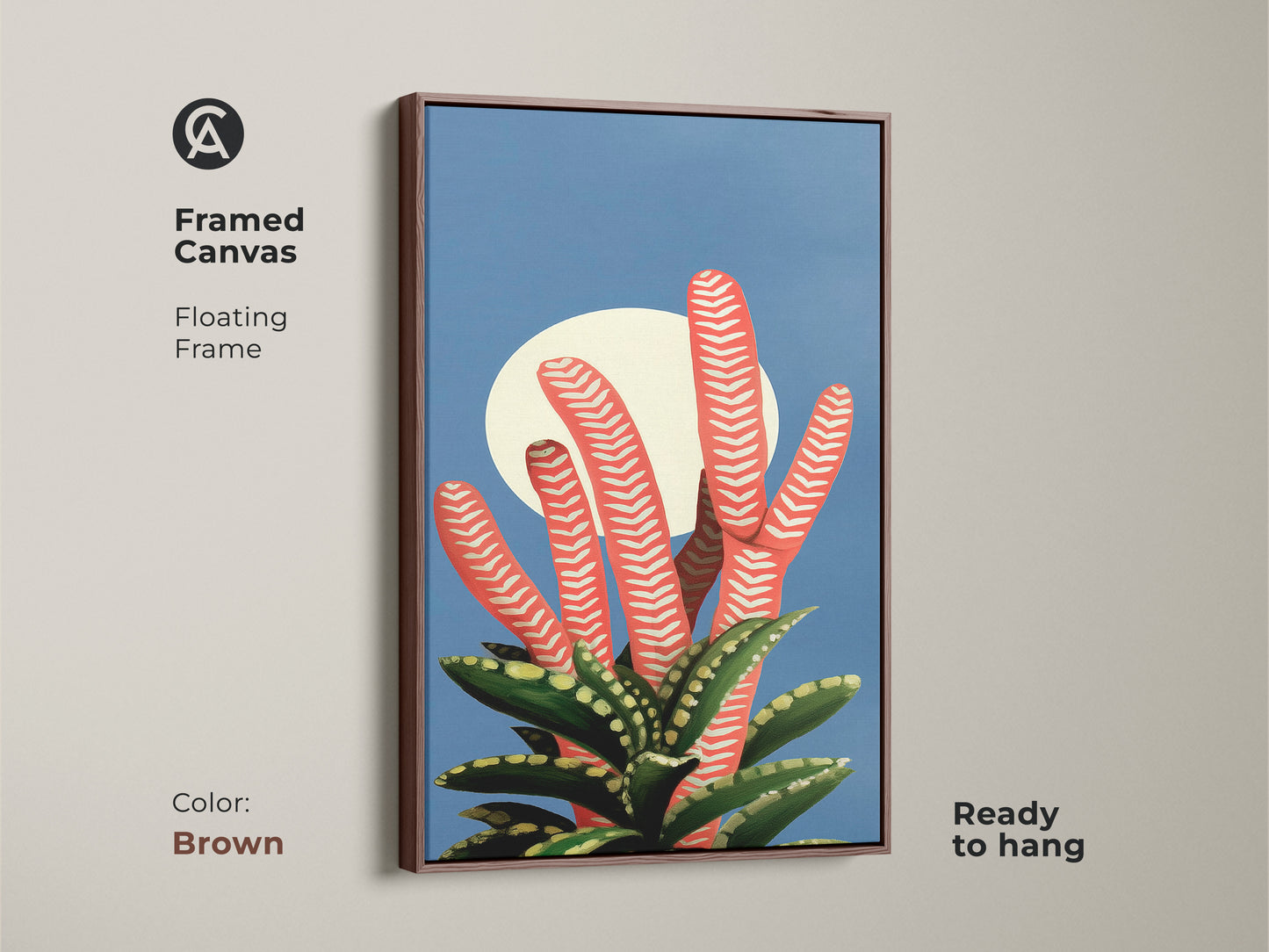 Framed Canvas with an abstract botanical art. This coral succulent canvas comes in a warm brown floating frame. Ideal for adding a Mid-Century Modern touch to your Scandinavian office decor this nature-inspired artwork is ready to hang and enjoy.