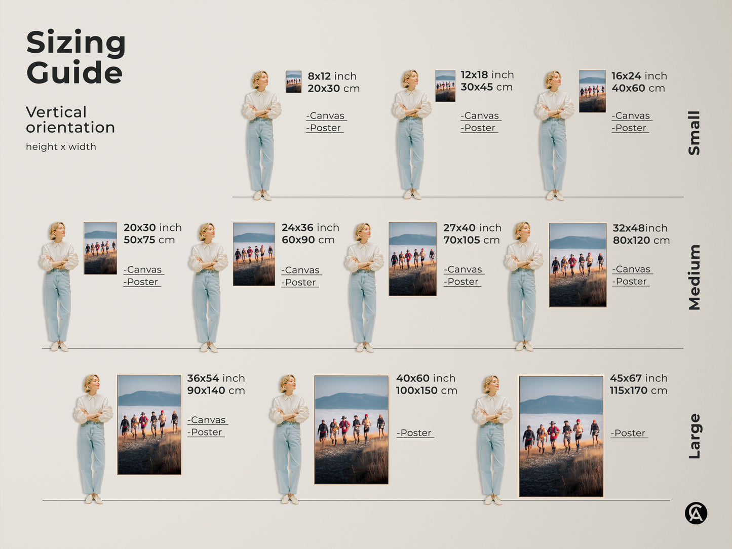 Sizing guide for vertical orientation canvas and poster prints. Choose the ideal size of adventure photography to fit your space. Visualize trail runners and mountain landscapes in various dimensions. Perfect rustic wall decor for sports enthusiasts and outdoor lovers.
