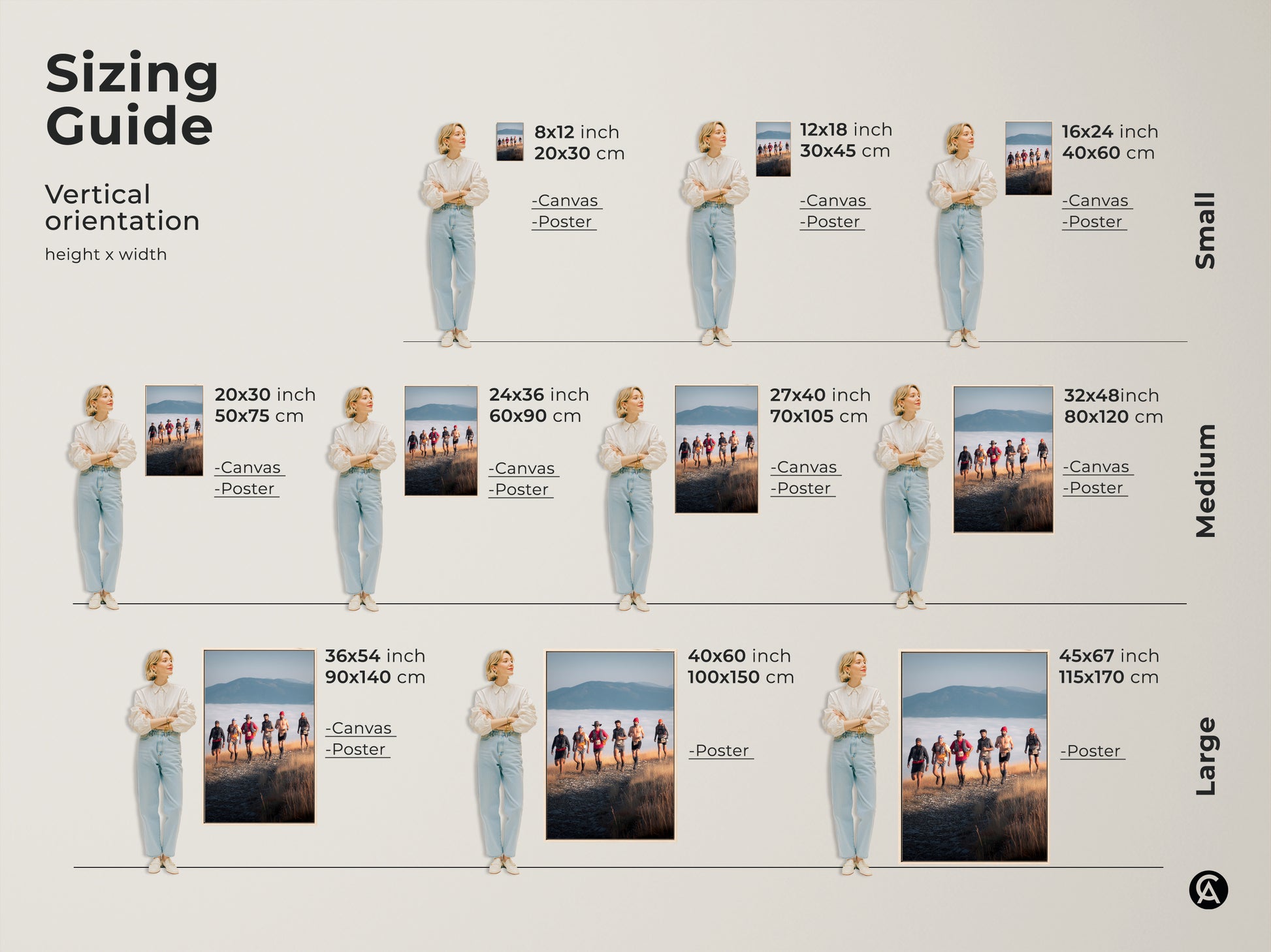 Sizing guide for vertical orientation canvas and poster prints. Choose the ideal size of adventure photography to fit your space. Visualize trail runners and mountain landscapes in various dimensions. Perfect rustic wall decor for sports enthusiasts and outdoor lovers.