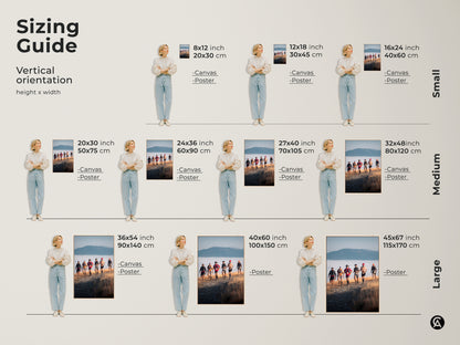 Sizing guide for vertical orientation canvas and poster prints. Choose the ideal size of adventure photography to fit your space. Visualize trail runners and mountain landscapes in various dimensions. Perfect rustic wall decor for sports enthusiasts and outdoor lovers.