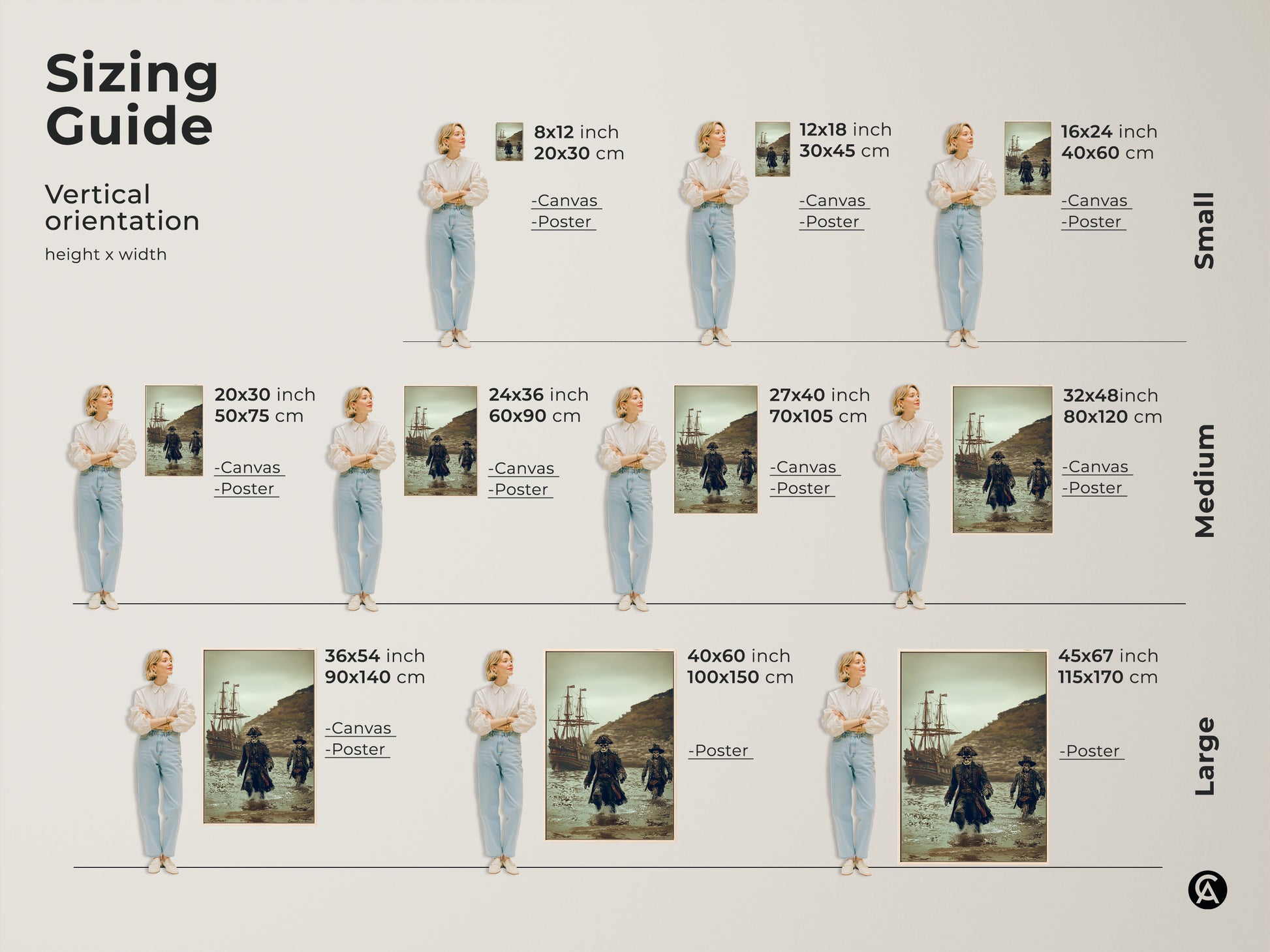 This sizing guide shows vertical orientations for gothic skeleton pirate artwork. Visualize canvas and poster dimensions. Find the perfect fit for your space. Ideal for man caves offices and nautical themed rooms. Explore small medium and large sizes.