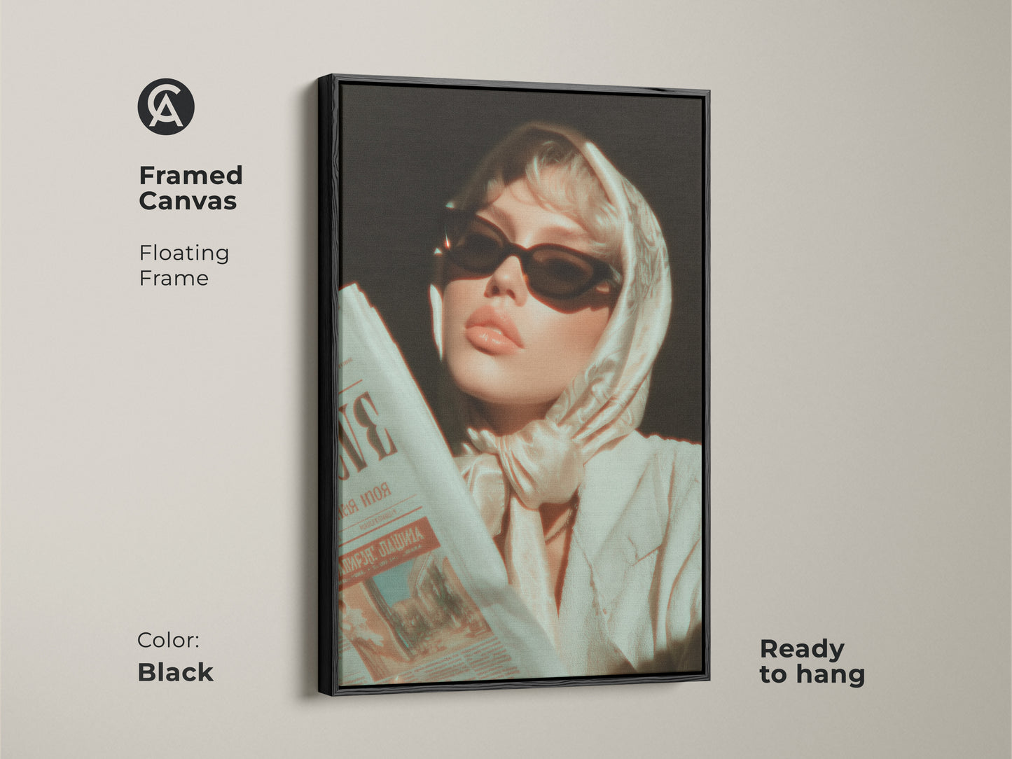 Framed Canvas of a Retro Glamour Woman Portrait. A fashion artwork with a floating frame. It’s ready to hang in black. This eclectic home decor adds vintage charm.  Perfect as wall art for fashion lovers.  A chic home accessory.