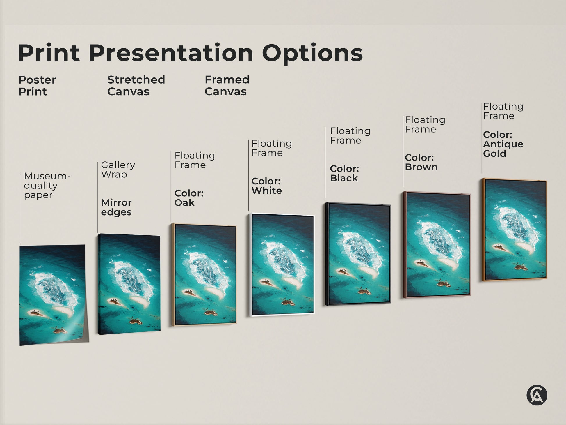 Explore print presentation options for abstract teal ocean artwork. Choose from poster print stretched canvas or framed canvas. Options include floating frames in black brown white oak and antique gold. Find the perfect coastal island art.