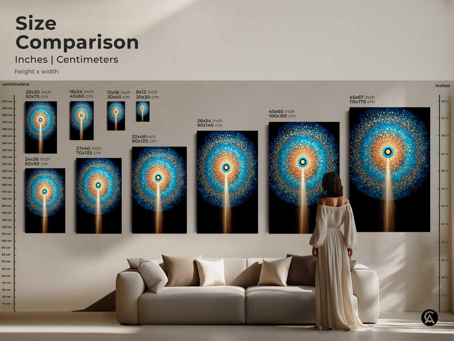 Size comparison of geometric abstract art prints. Choose from various sizes to fit your wall space. See the artwork in a living room setting. From small to large options canvas or poster art.