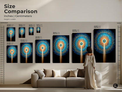 Size comparison of geometric abstract art prints. Choose from various sizes to fit your wall space. See the artwork in a living room setting. From small to large options canvas or poster art.
