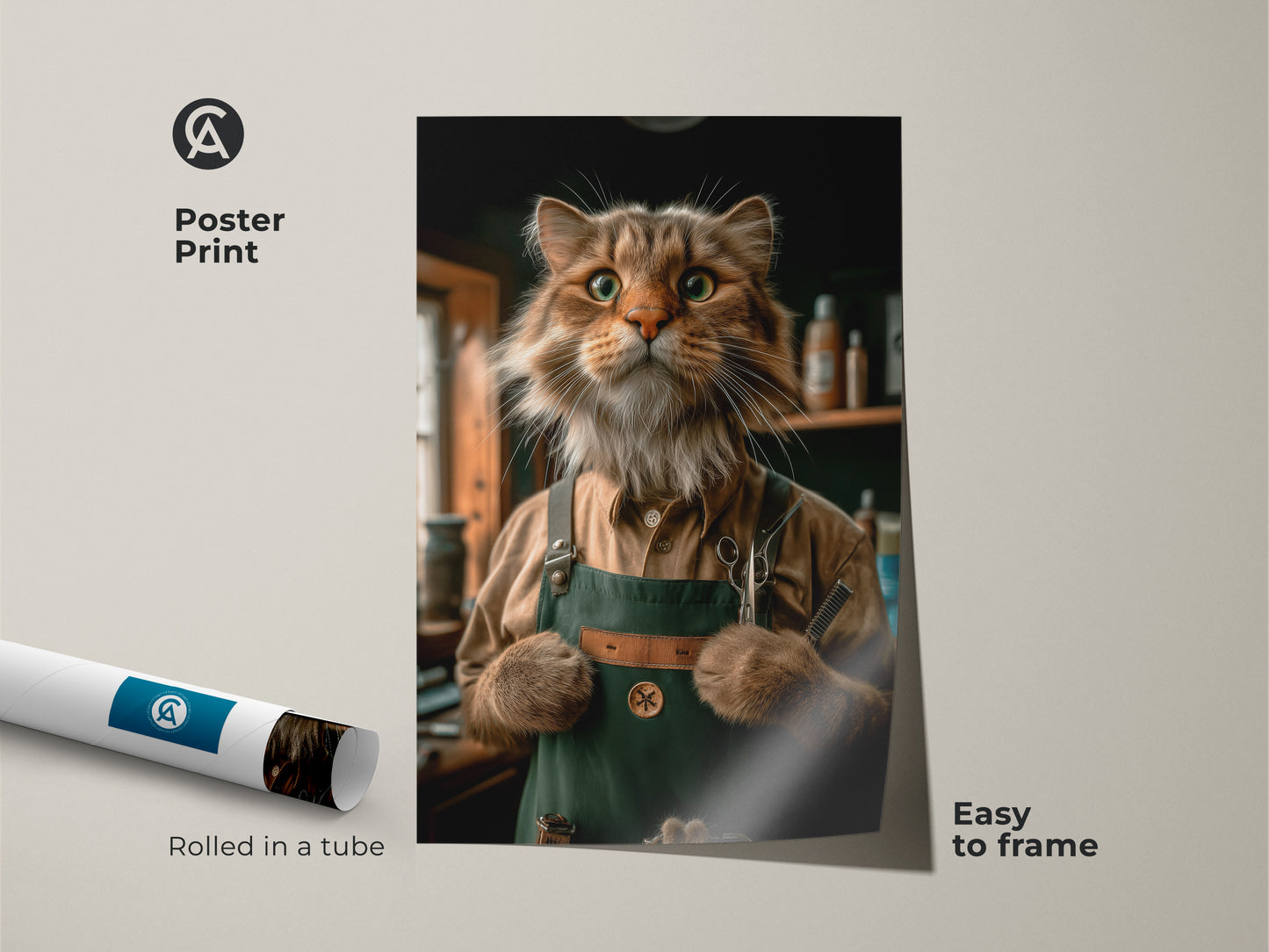 A poster print displays a funny cat groomer. This animal barber wall artwork is rolled in a tube. Easy to frame this poster is a unique gift for cat parents. Showcasing an eclectic orange green and brown art style.