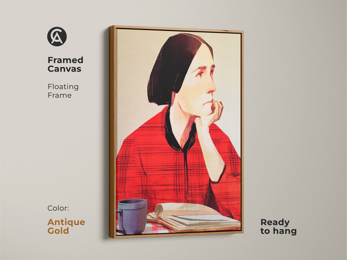 Framed canvas featuring a woman reading. It has an antique gold floating frame. This folk art portrait shows her with a coffee cup and book. Ready to hang this wall art in your eclectic home. It adds an artistic touch to any room.
