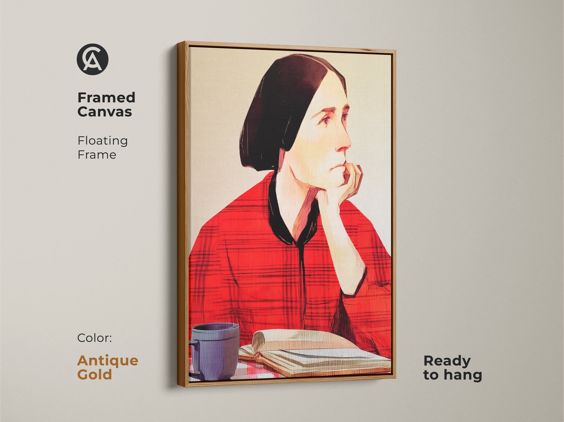 Framed canvas featuring a woman reading. It has an antique gold floating frame. This folk art portrait shows her with a coffee cup and book. Ready to hang this wall art in your eclectic home. It adds an artistic touch to any room.