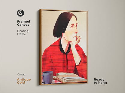 Framed canvas featuring a woman reading. It has an antique gold floating frame. This folk art portrait shows her with a coffee cup and book. Ready to hang this wall art in your eclectic home. It adds an artistic touch to any room.