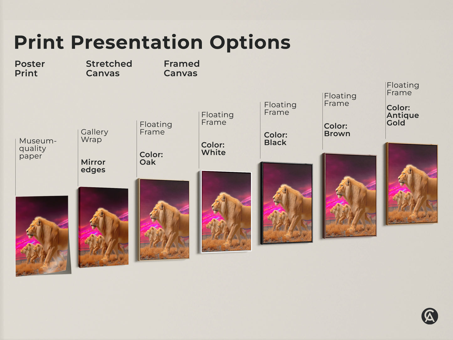 Explore Lion Pride art print options. Choose from poster print to stretched or framed canvas. Each style enhances the wildlife animal artwork. The fantasy savanna landscape art fits any decor need for cat and animal lovers