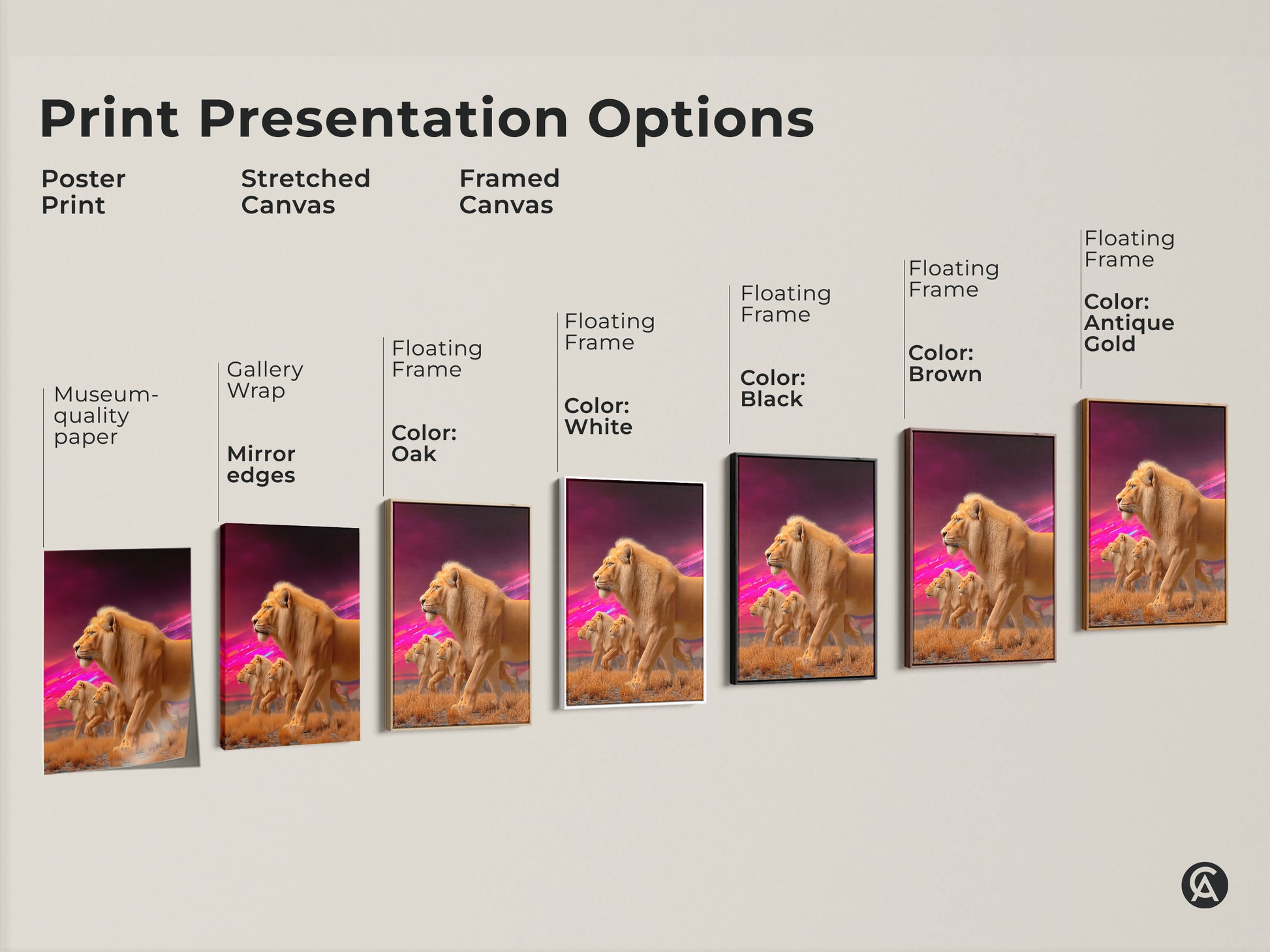 Explore Lion Pride art print options. Choose from poster print to stretched or framed canvas. Each style enhances the wildlife animal artwork. The fantasy savanna landscape art fits any decor need for cat and animal lovers