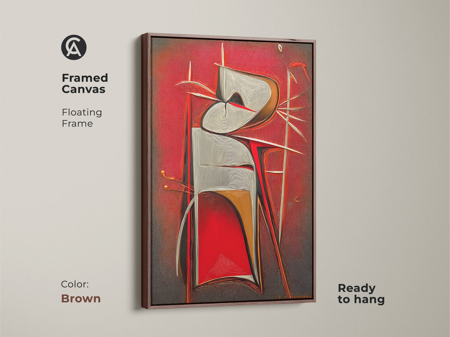 Framed canvas of a red grey and white abstract geometric artwork. The floating frame is brown and the piece is ready to hang. A contemporary art print for modern office decor.