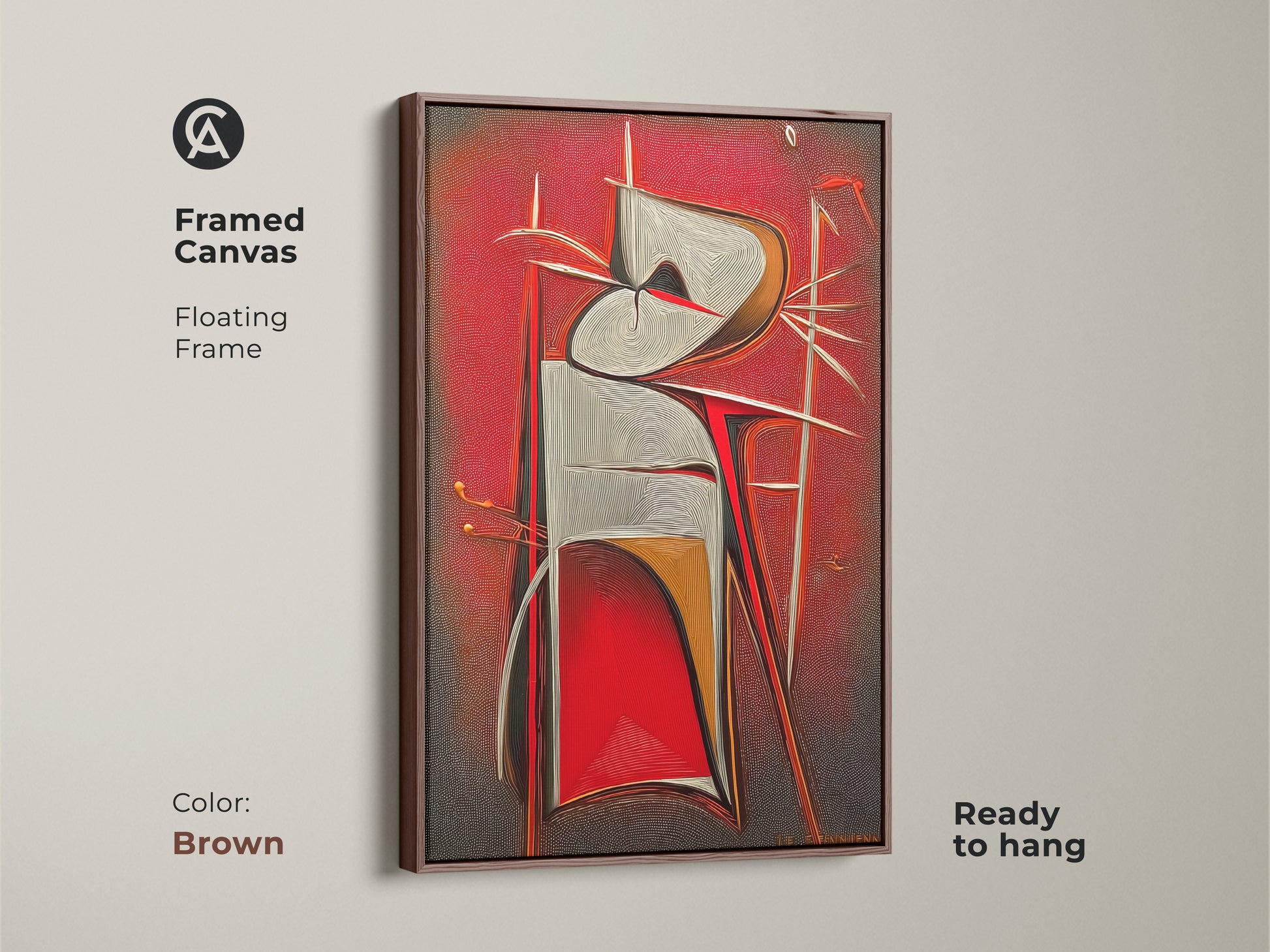Framed canvas of a red grey and white abstract geometric artwork. The floating frame is brown and the piece is ready to hang. A contemporary art print for modern office decor.