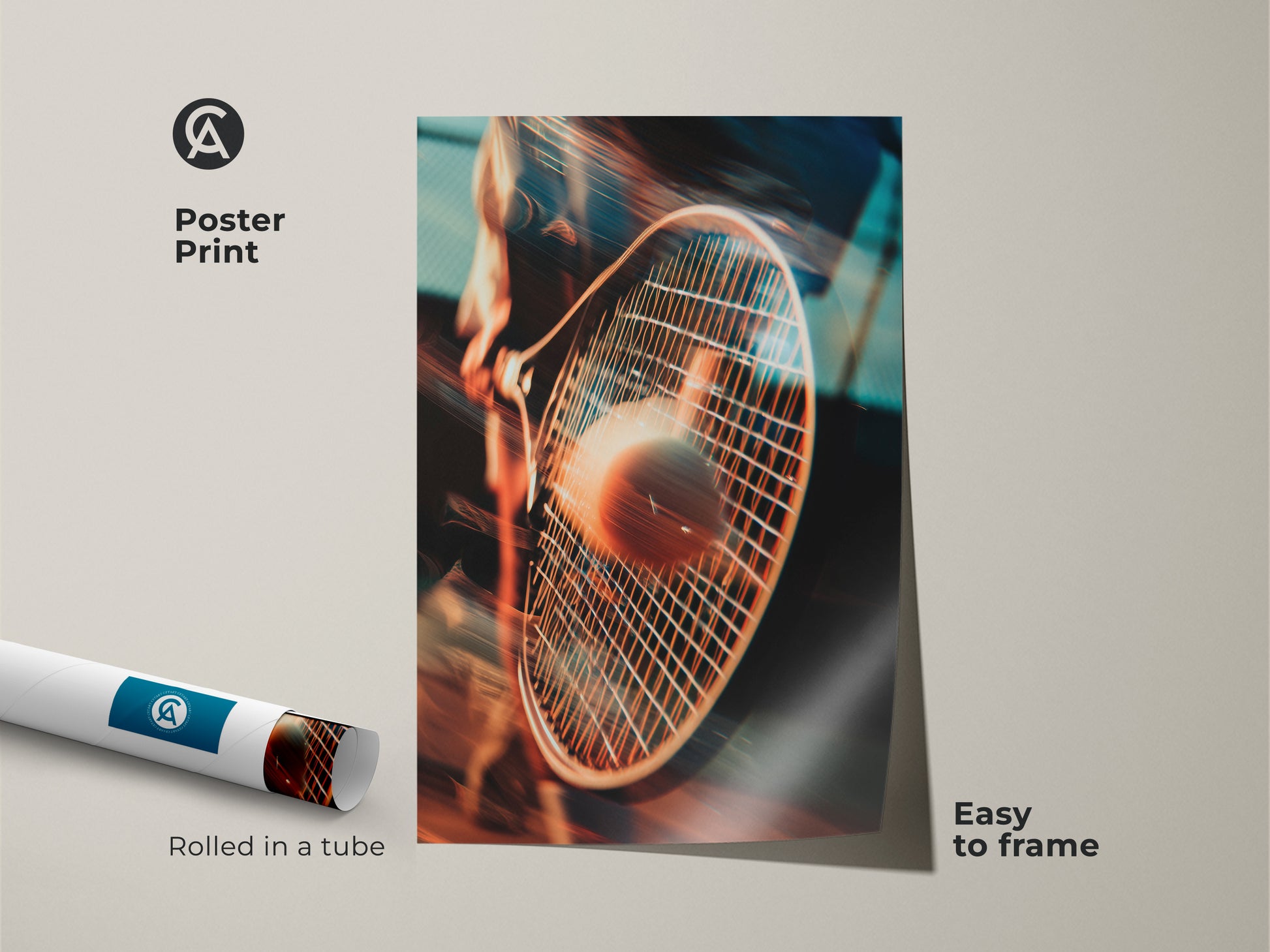 This poster print showcases a tennis racket hitting a ball. The sports art print arrives rolled in a tube and is easy to frame. Add this unique tennis-themed artwork to your collection today.