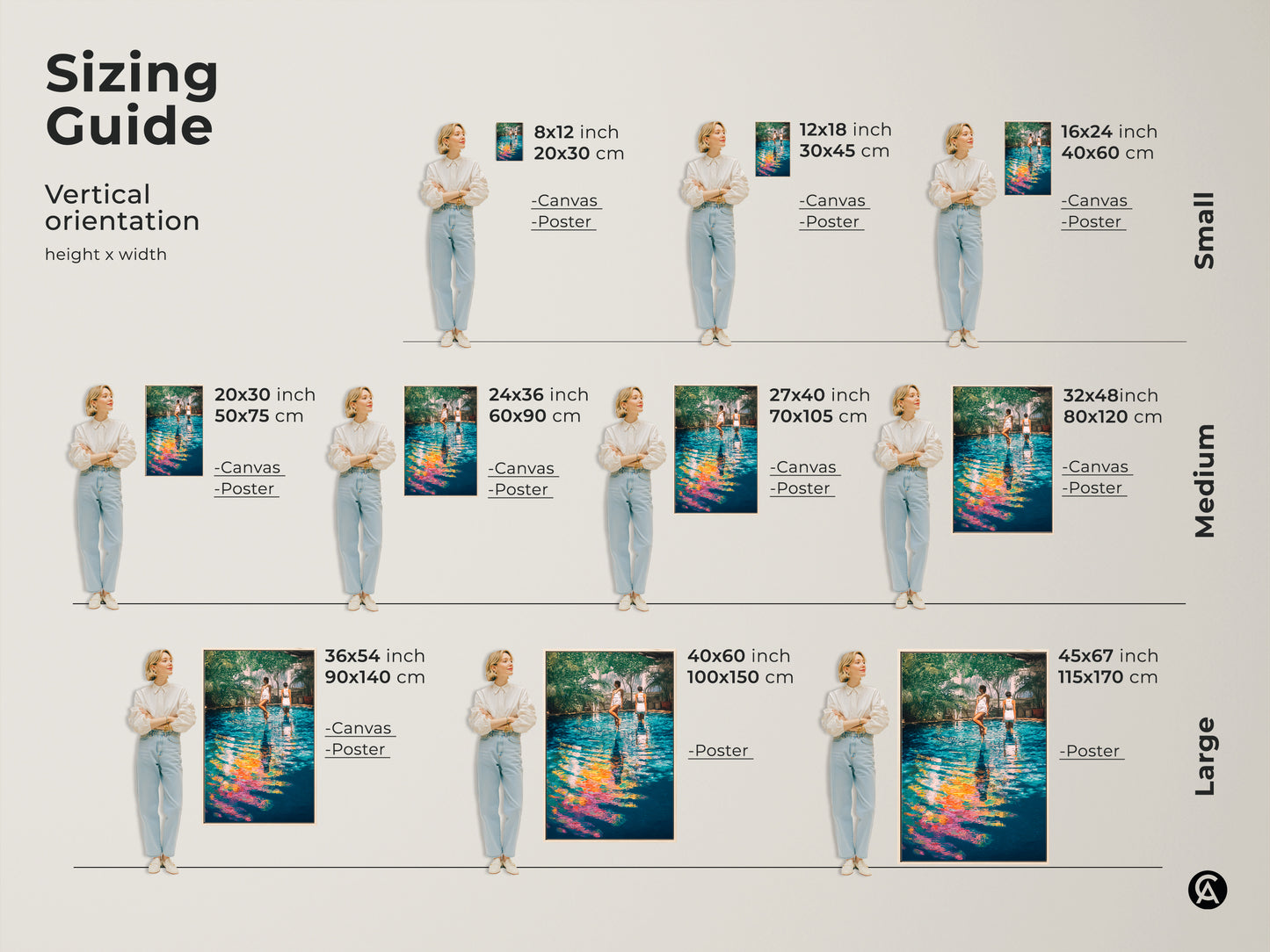 Sizing guide showcasing vertical orientations for poolside women wall artwork. Available in canvas and poster formats this teal yellow blue modern art can transform any room. Find the perfect size.
