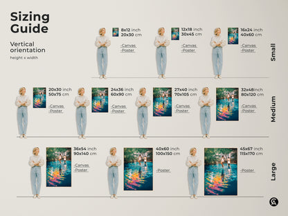 Sizing guide showcasing vertical orientations for poolside women wall artwork. Available in canvas and poster formats this teal yellow blue modern art can transform any room. Find the perfect size.