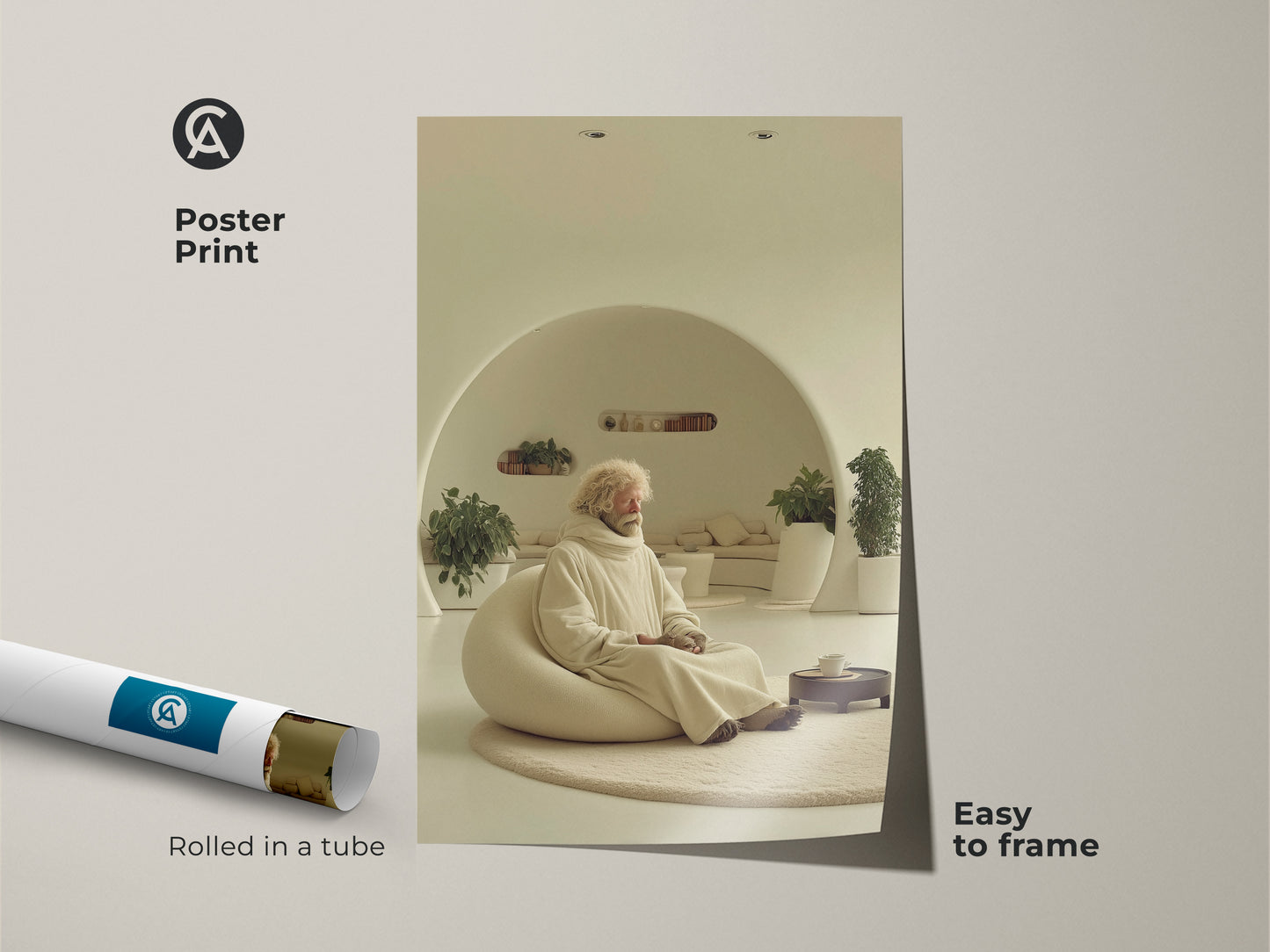 Poster print displays a minimalist elderly man in beige decor. The zen figure wall art arrives rolled in a protective tube and is easy to frame. This cream art is a perfect housewarming gift. Ideal for those appreciating spiritual calm artwork. It enhances any home office art setting with its contemplation art