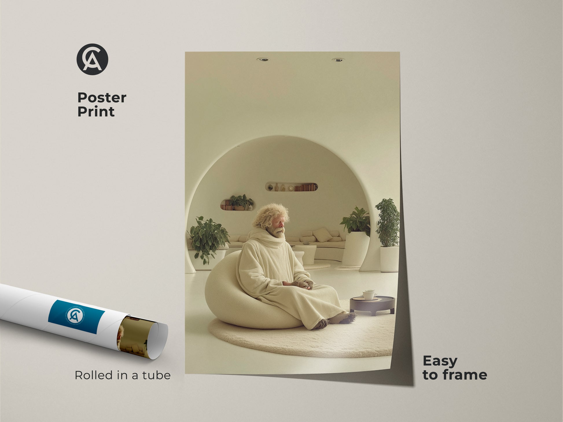 Poster print displays a minimalist elderly man in beige decor. The zen figure wall art arrives rolled in a protective tube and is easy to frame. This cream art is a perfect housewarming gift. Ideal for those appreciating spiritual calm artwork. It enhances any home office art setting with its contemplation art