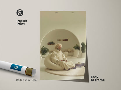 Poster print displays a minimalist elderly man in beige decor. The zen figure wall art arrives rolled in a protective tube and is easy to frame. This cream art is a perfect housewarming gift. Ideal for those appreciating spiritual calm artwork. It enhances any home office art setting with its contemplation art