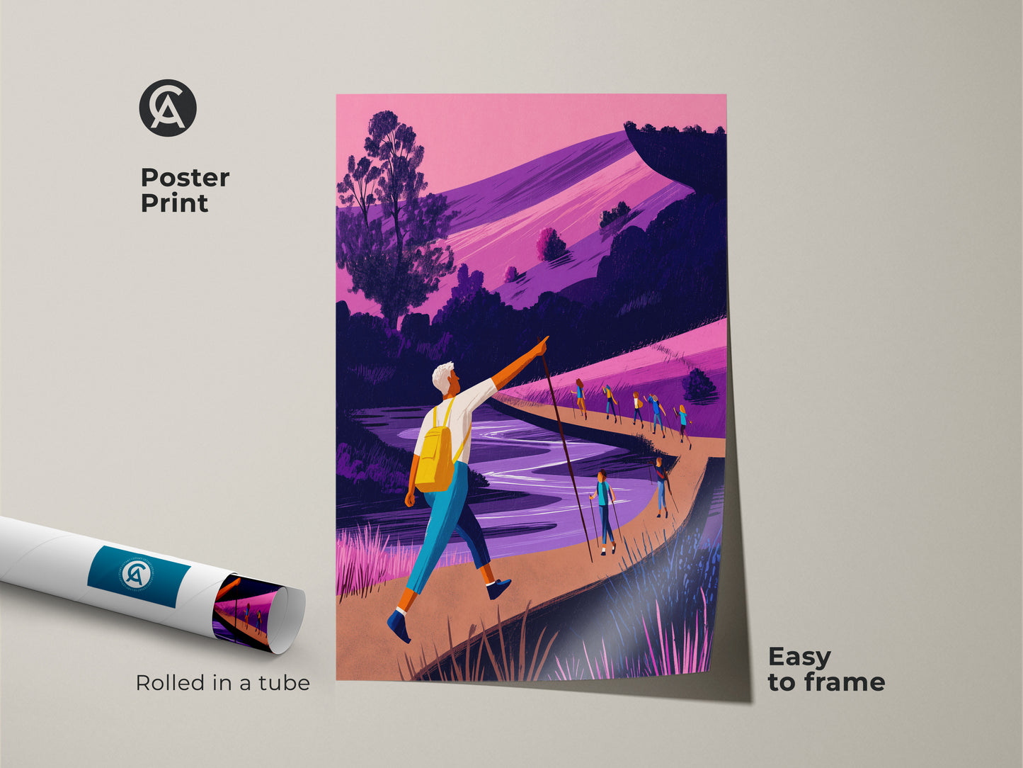 Easy to frame pink and purple abstract art. A poster print shows a contemporary illustrative landscape. Rolled in a tube it features modern travel artwork. It's colorful nature canvas art for outdoor themed home decor.