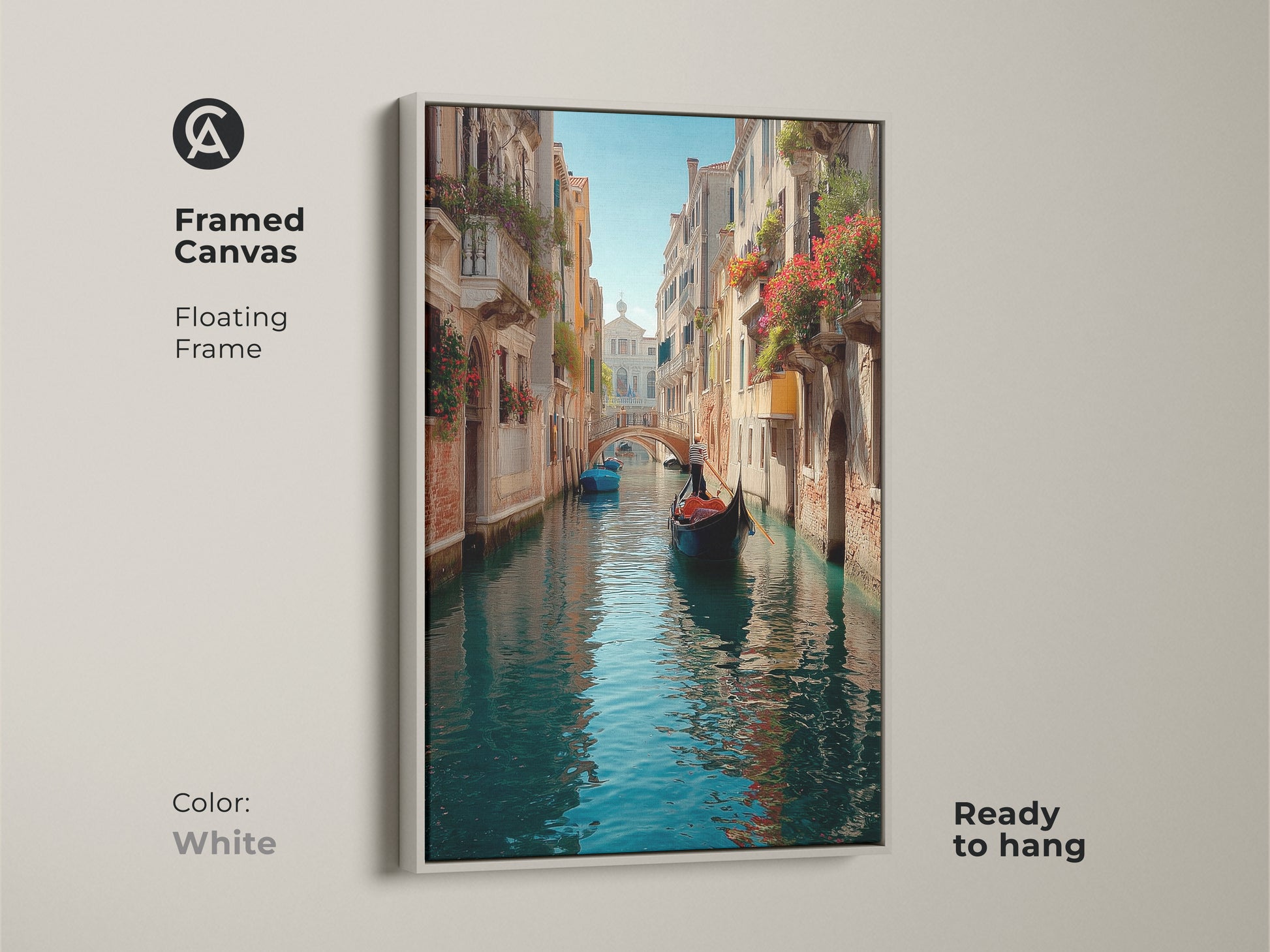 Framed canvas with a white floating frame featuring Venice canal art. See the gondola boat print with blue and teal shades. Ready to hang wall decor. The artwork captures a romantic cityscape scene.
