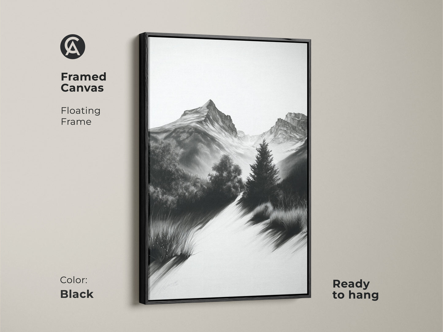 Framed canvas showcasing monochrome mountain artwork with a floating black frame. This black and white landscape art offers a rustic home decor touch. Ready to hang for easy wall display.