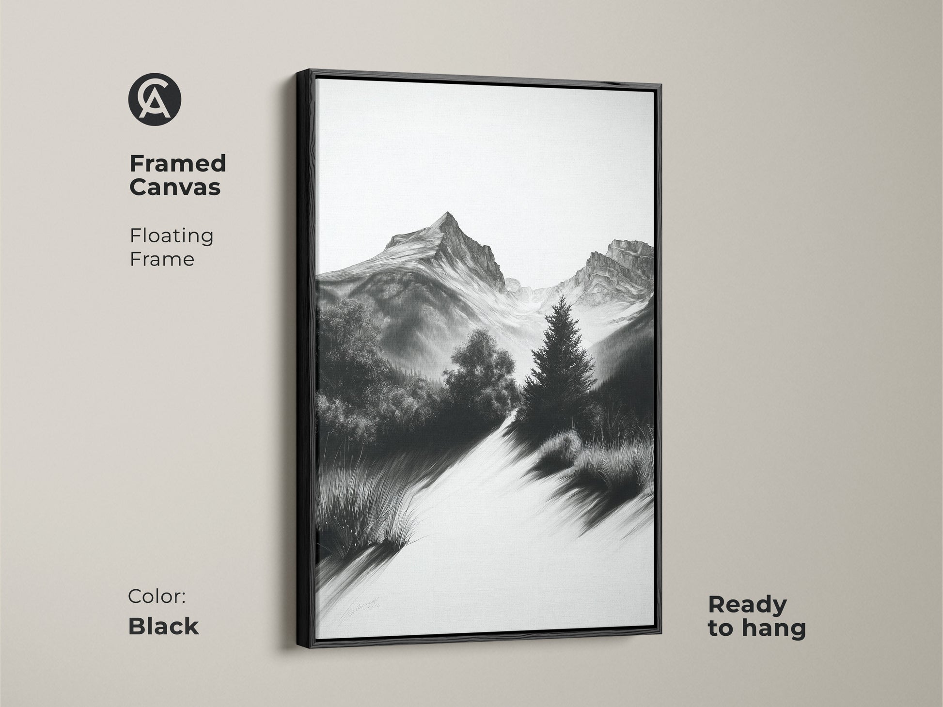 Framed canvas showcasing monochrome mountain artwork with a floating black frame. This black and white landscape art offers a rustic home decor touch. Ready to hang for easy wall display.