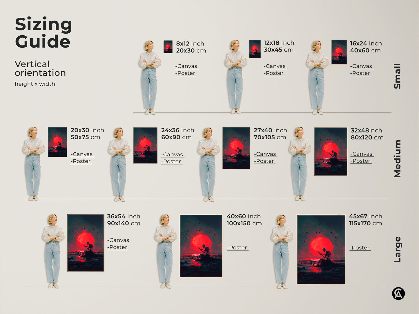 Sizing guide for vertical artwork. This guide shows how different sizes of canvas and posters look in relation to a person. Sizes range from small to large. Find the perfect size for your space.