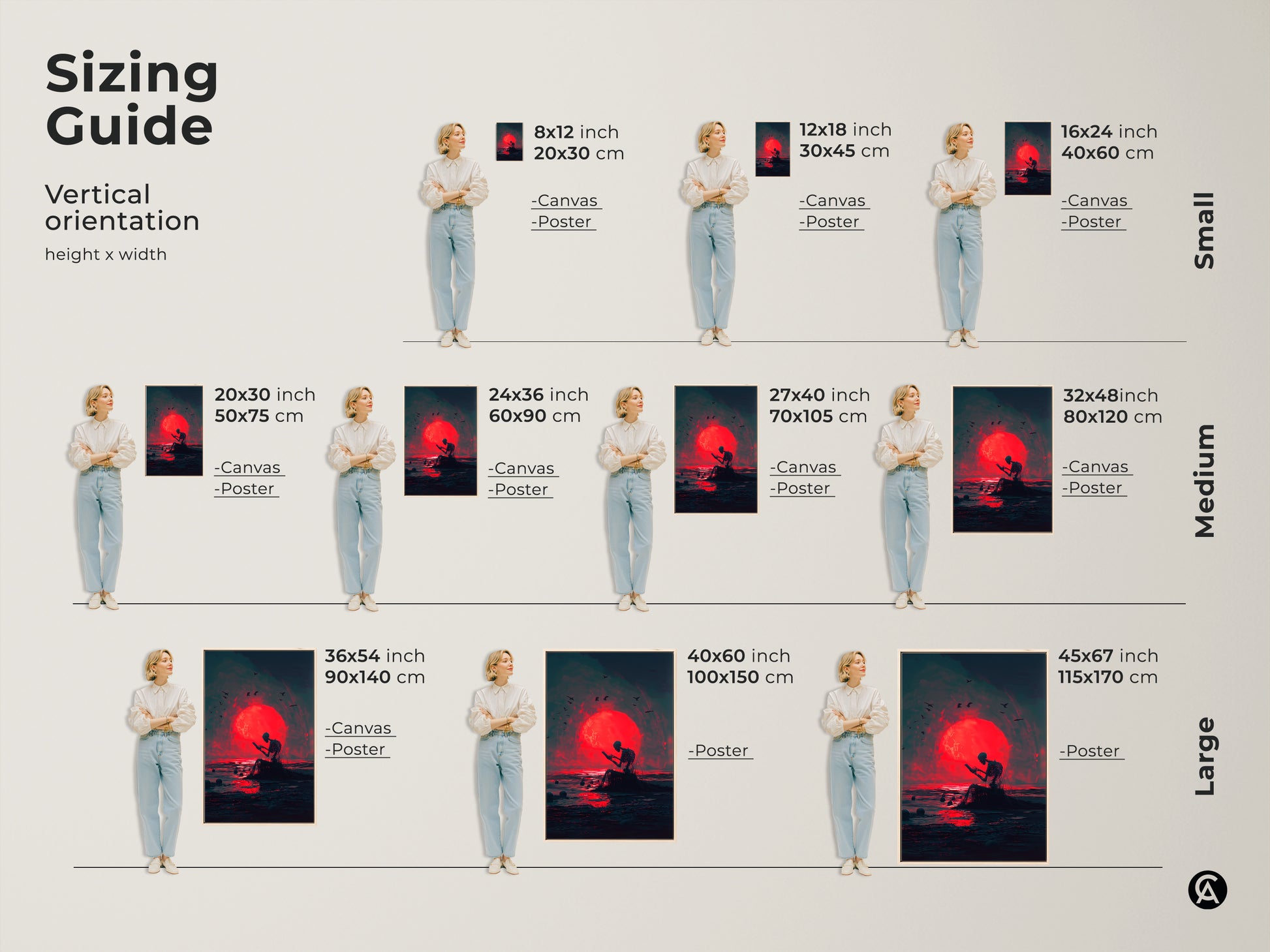 Sizing guide for vertical artwork. This guide shows how different sizes of canvas and posters look in relation to a person. Sizes range from small to large. Find the perfect size for your space.