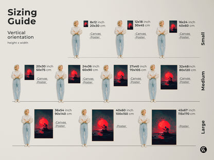 Sizing guide for vertical artwork. This guide shows how different sizes of canvas and posters look in relation to a person. Sizes range from small to large. Find the perfect size for your space.