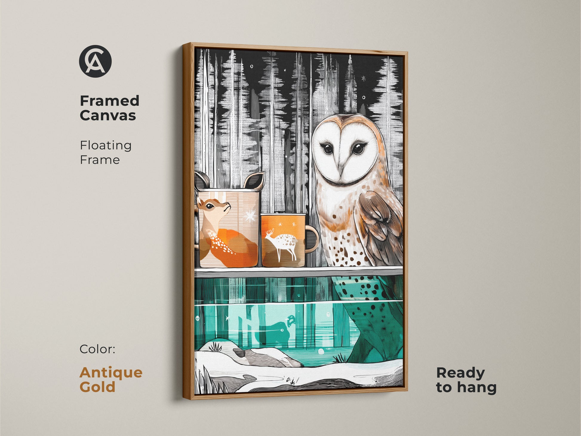 Antique gold framed canvas displays barn owl and deer. Floating frame enhances woodland animal artwork. Scandinavian nature print is ready to hang adding a unique home art.