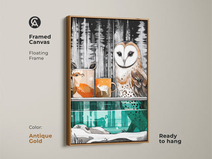 Antique gold framed canvas displays barn owl and deer. Floating frame enhances woodland animal artwork. Scandinavian nature print is ready to hang adding a unique home art.